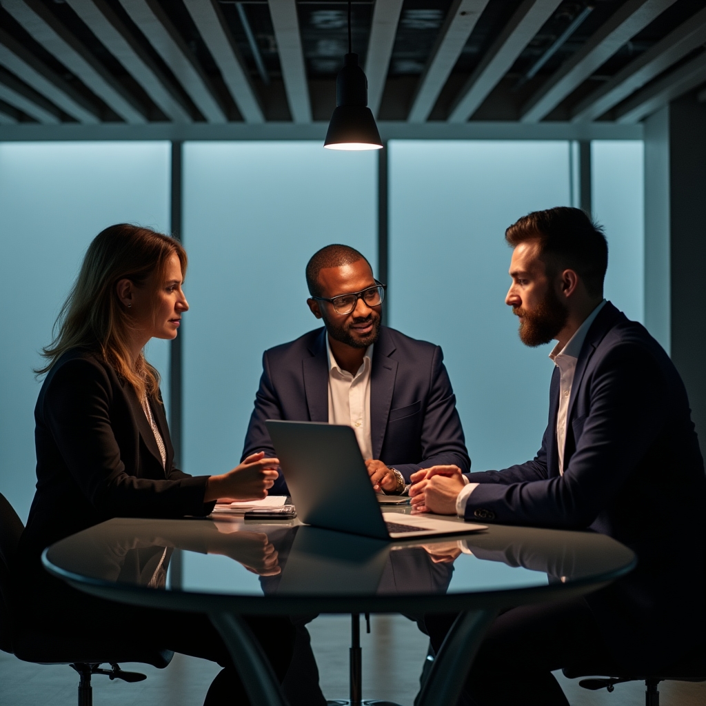 Two consultants sitting across from a podcaster at a clean modern table, reviewing content on a laptop together in a bright coworking space