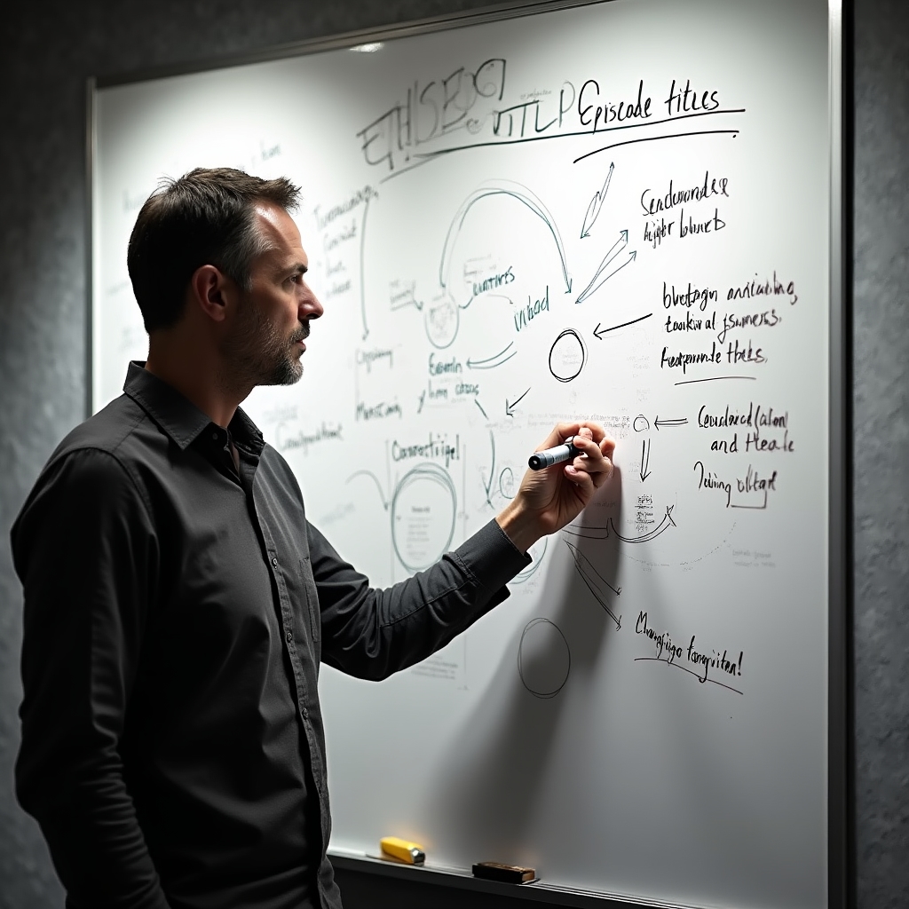 Overhead shot of a whiteboard covered in episode title drafts and keyword notes, with a hand holding a marker ready to write