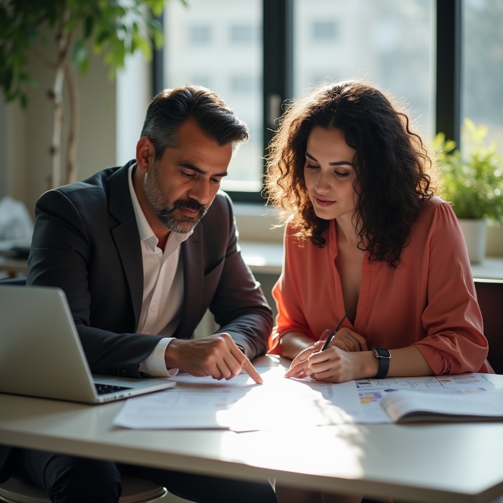 Consultant and podcaster reviewing a growth planning document together at a modern desk, both engaged in focused discussion with notes and a laptop visible