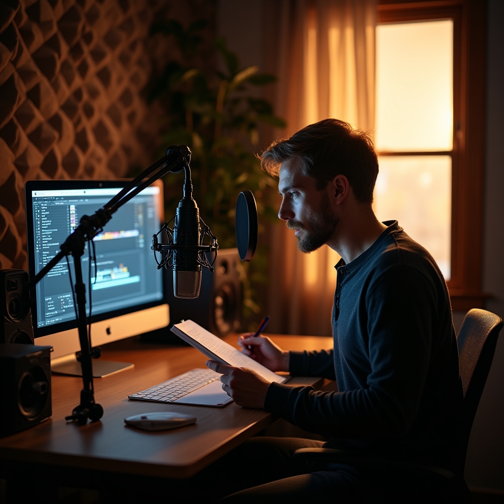 Independent podcaster in a home studio setting, reviewing notes at a well-organized desk with acoustic panels and recording equipment
