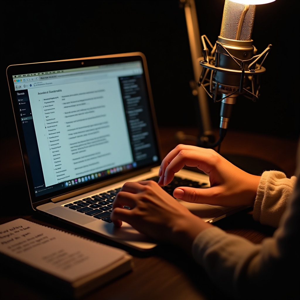 Close-up of hands typing structured show notes on a laptop with a podcast microphone visible in the background